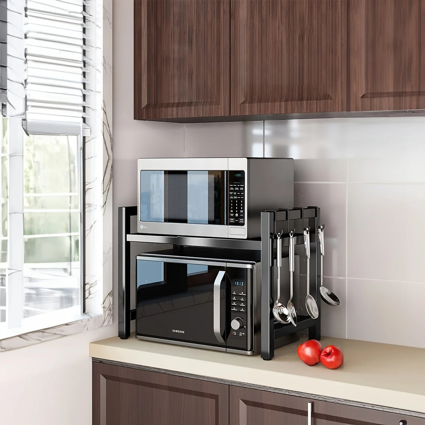 Adjustable Microwave Shelf Rack With 6 Utility Hooks