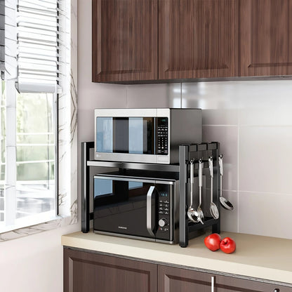 Adjustable Microwave Shelf Rack With 6 Utility Hooks